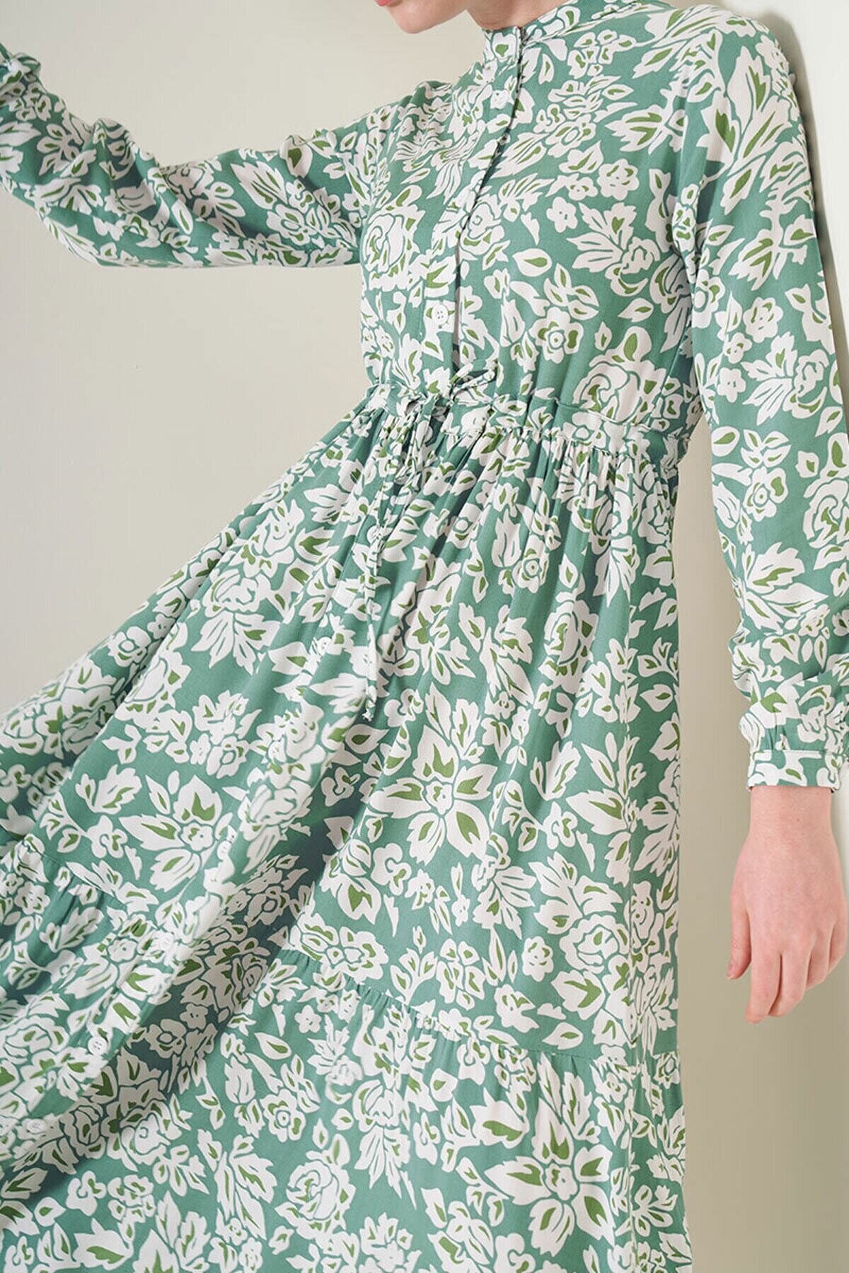 Desenli Hakim Yaka Elbise HZL22W-BD121441