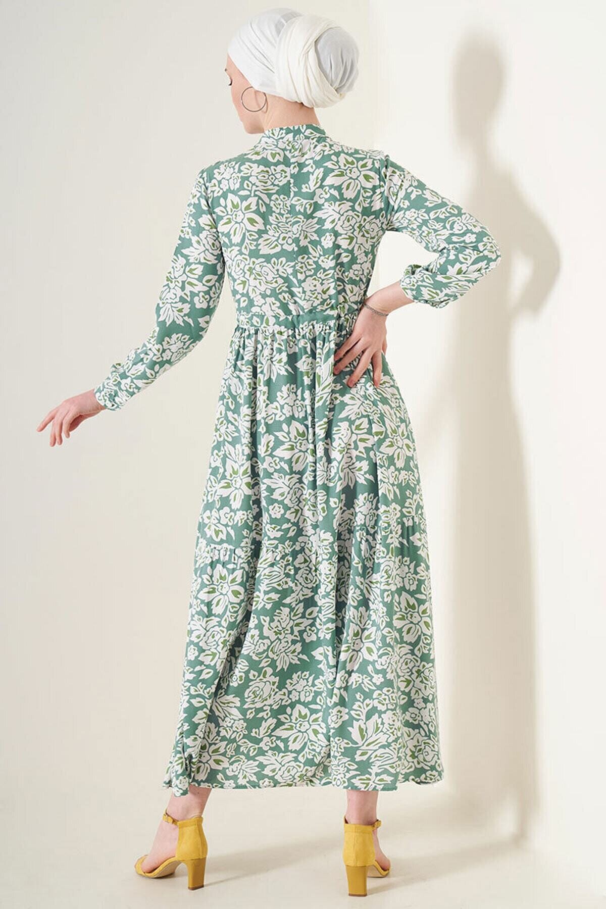 Desenli Hakim Yaka Elbise HZL22W-BD121441