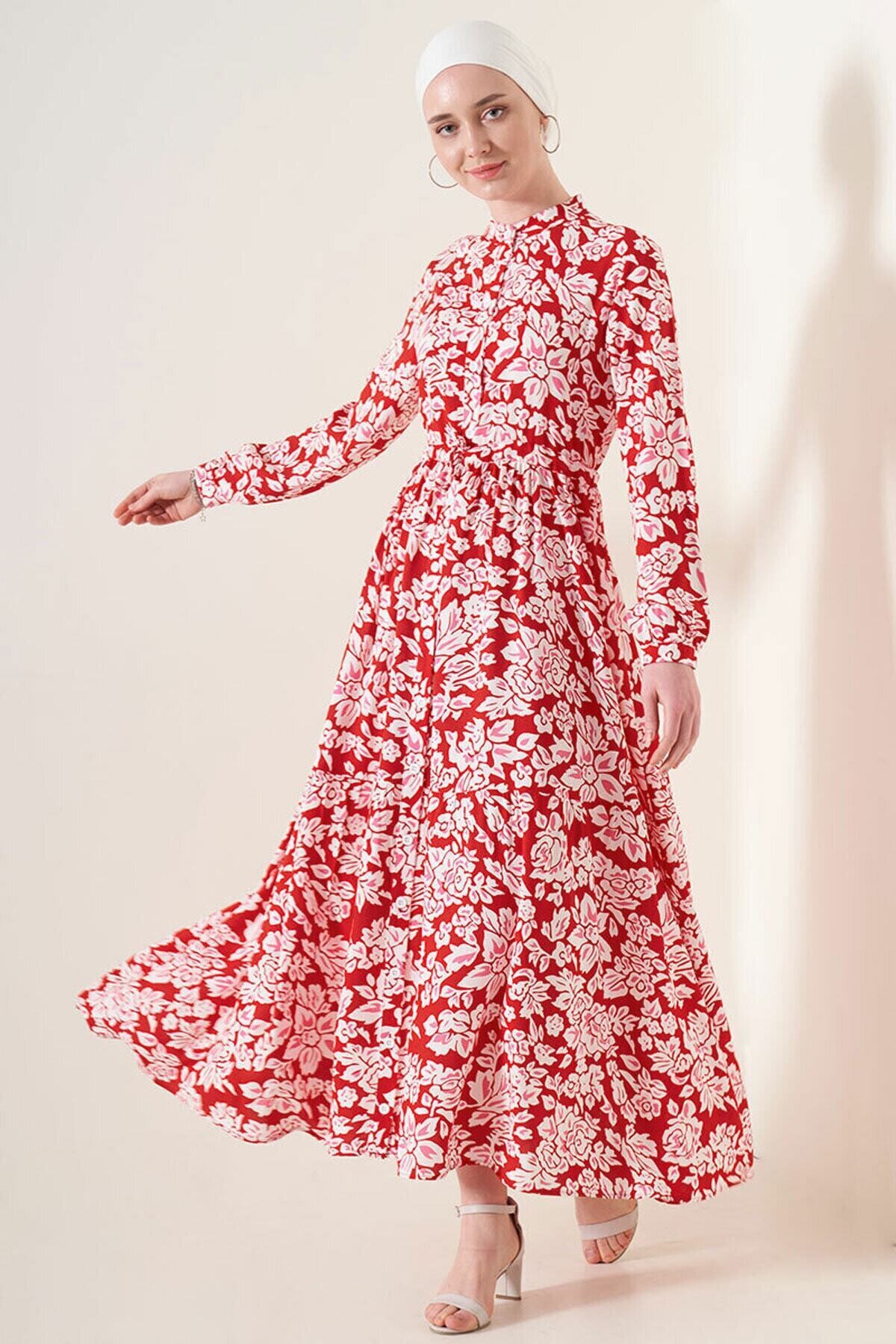 Desenli Hakim Yaka Elbise HZL22W-BD121441