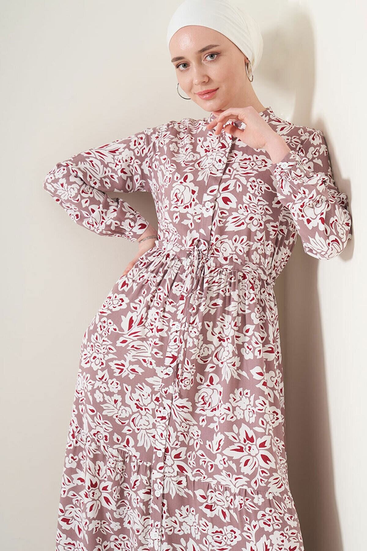 Desenli Hakim Yaka Elbise HZL22W-BD121441