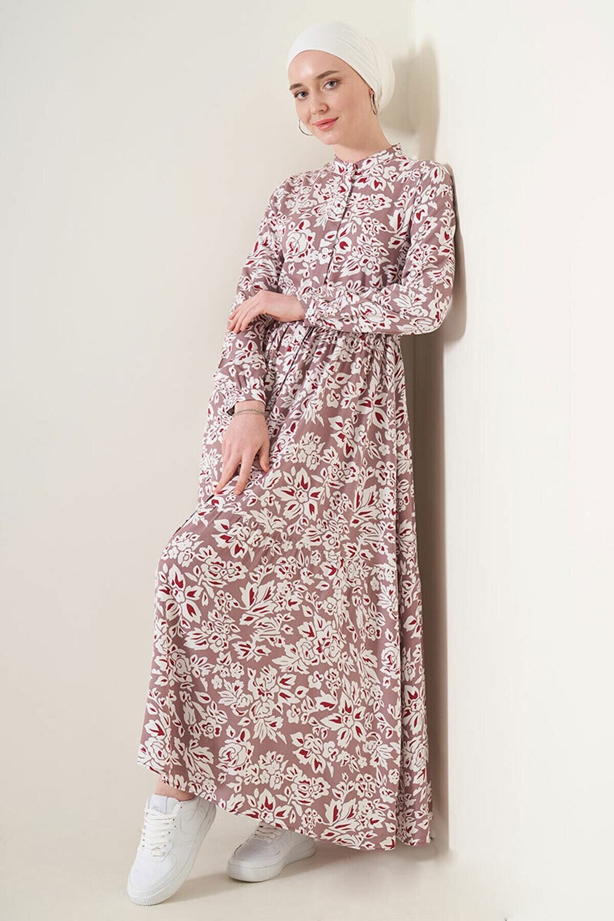 Desenli Hakim Yaka Elbise HZL22W-BD121441