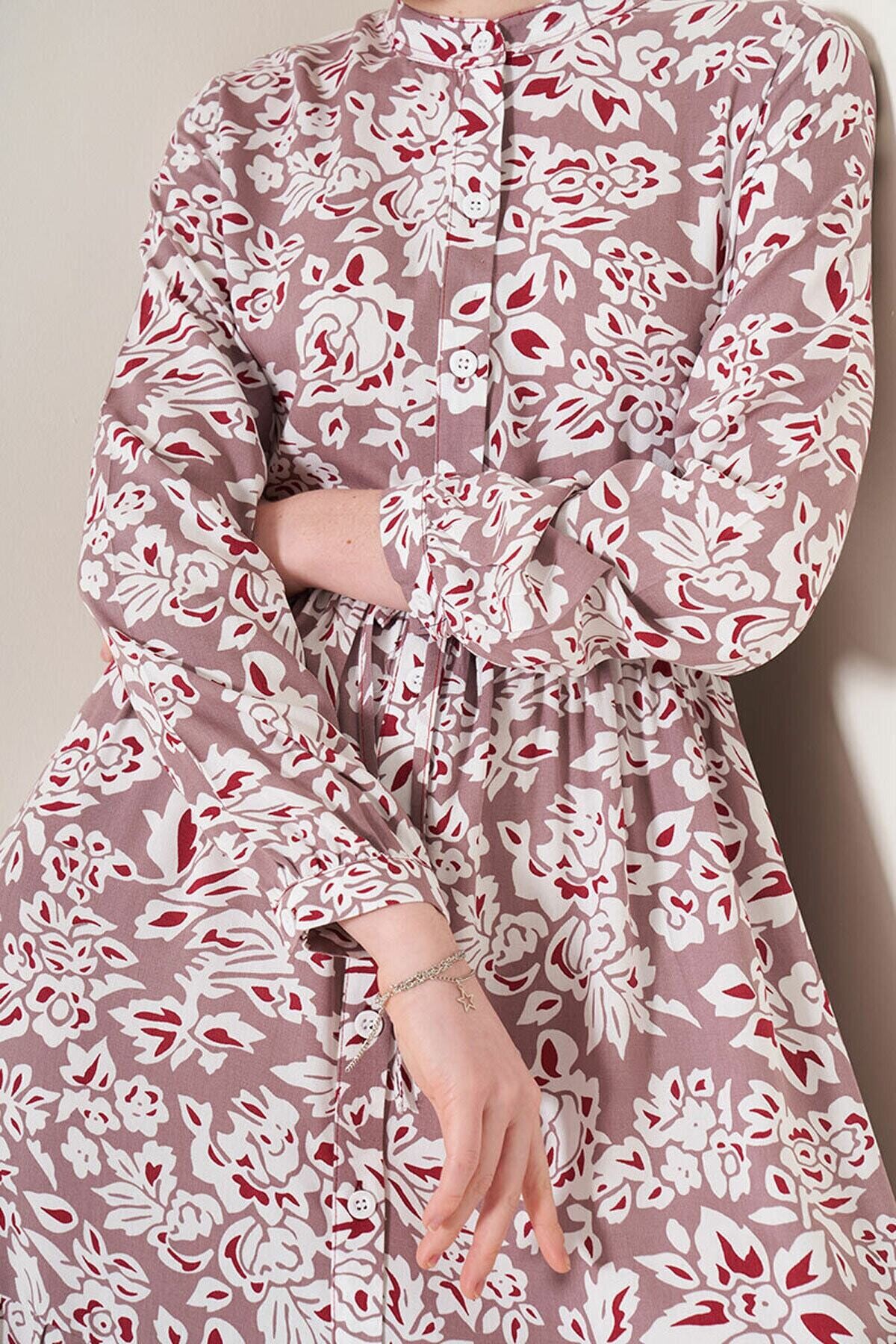 Desenli Hakim Yaka Elbise HZL22W-BD121441