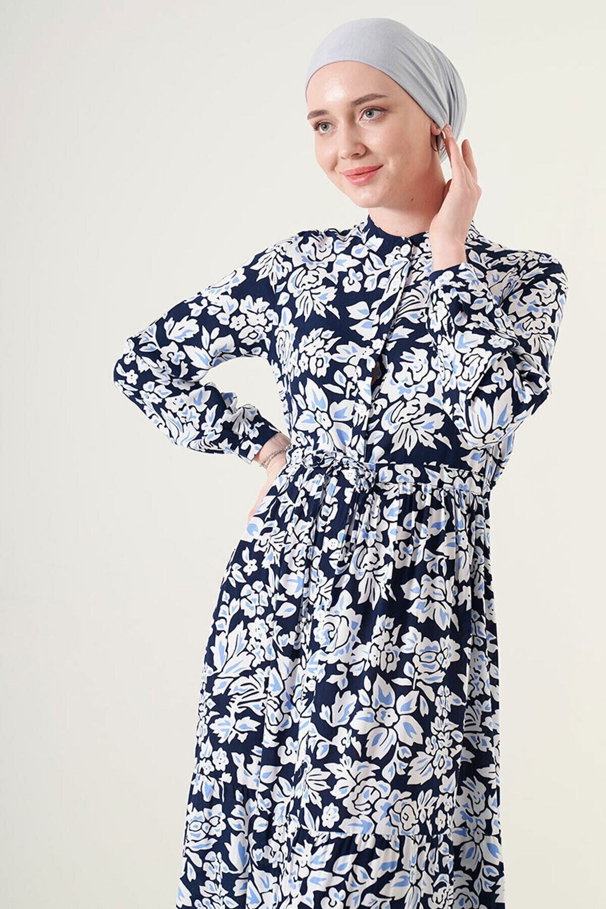 Desenli Hakim Yaka Elbise HZL22W-BD121441