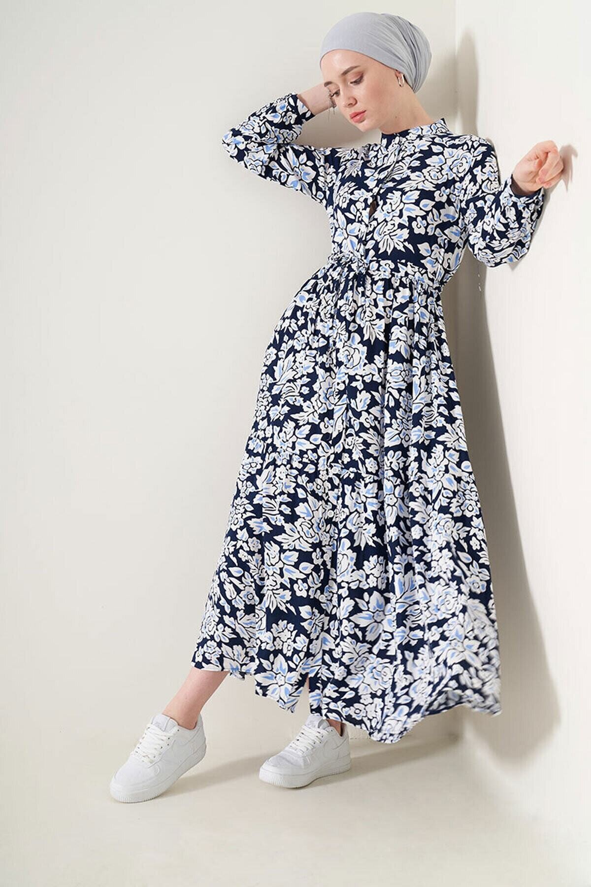 Desenli Hakim Yaka Elbise HZL22W-BD121441