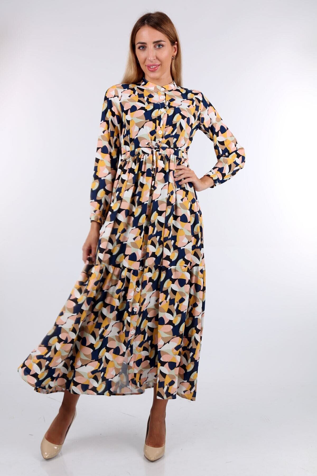 Desenli Hakim Yaka Elbise HZL22W-BD121441