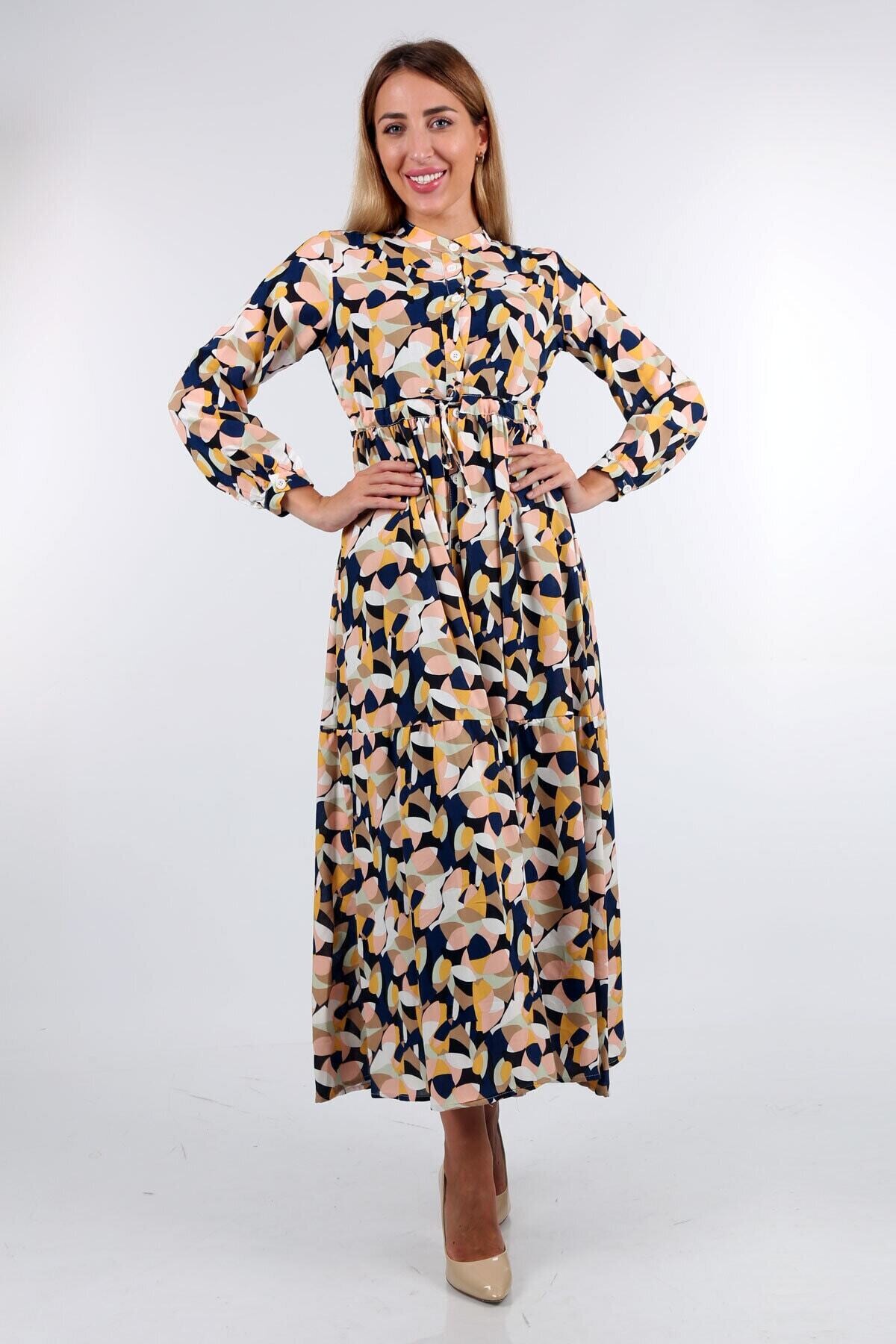 Desenli Hakim Yaka Elbise HZL22W-BD121441