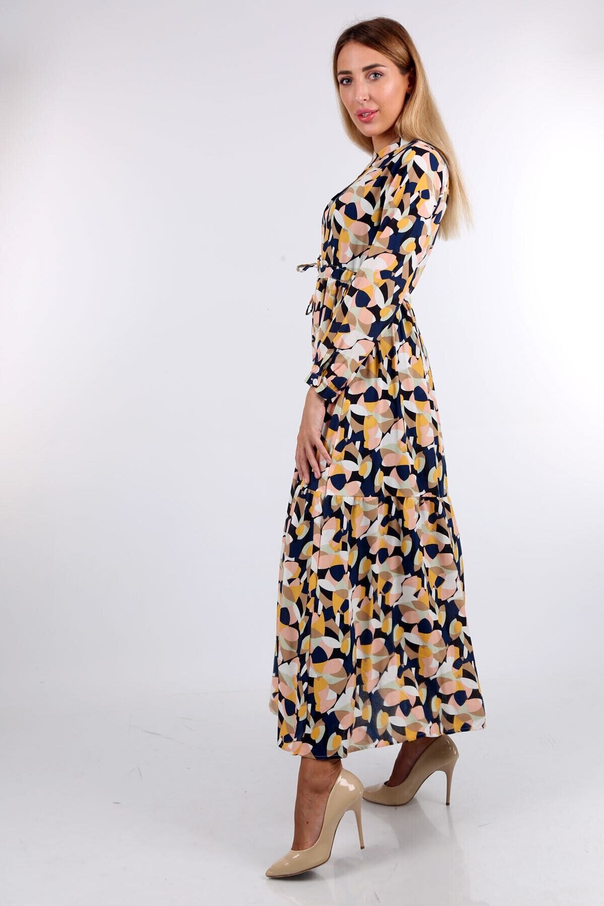 Desenli Hakim Yaka Elbise HZL22W-BD121441