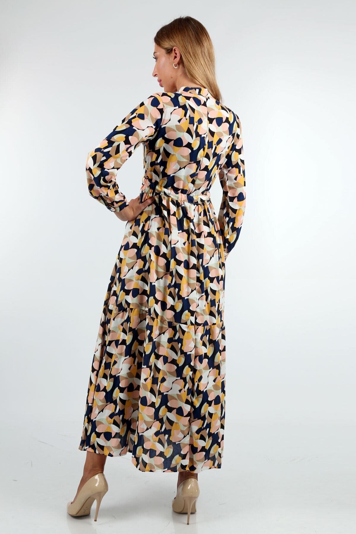 Desenli Hakim Yaka Elbise HZL22W-BD121441