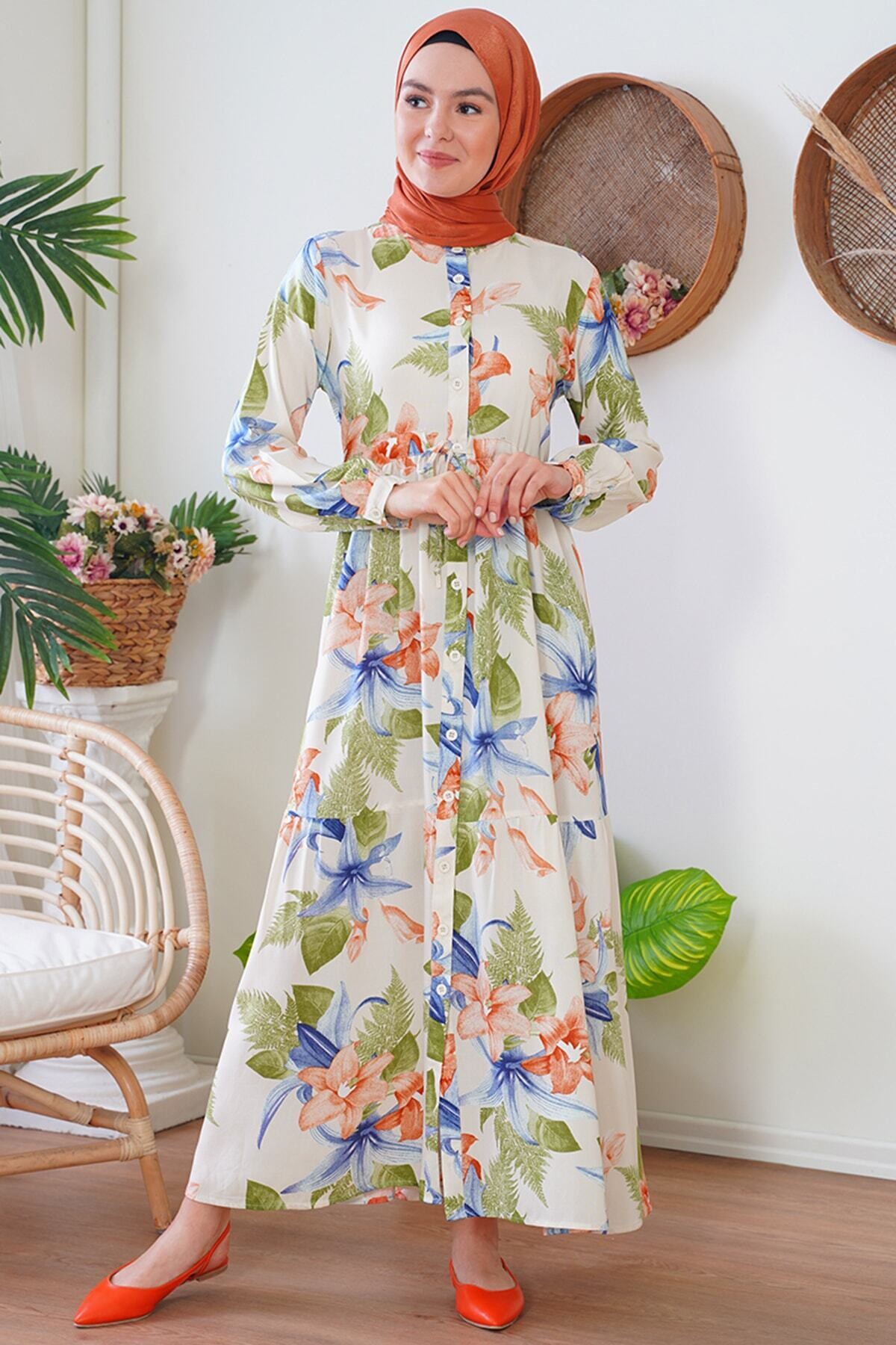 Desenli Hakim Yaka Elbise HZL22W-BD121441