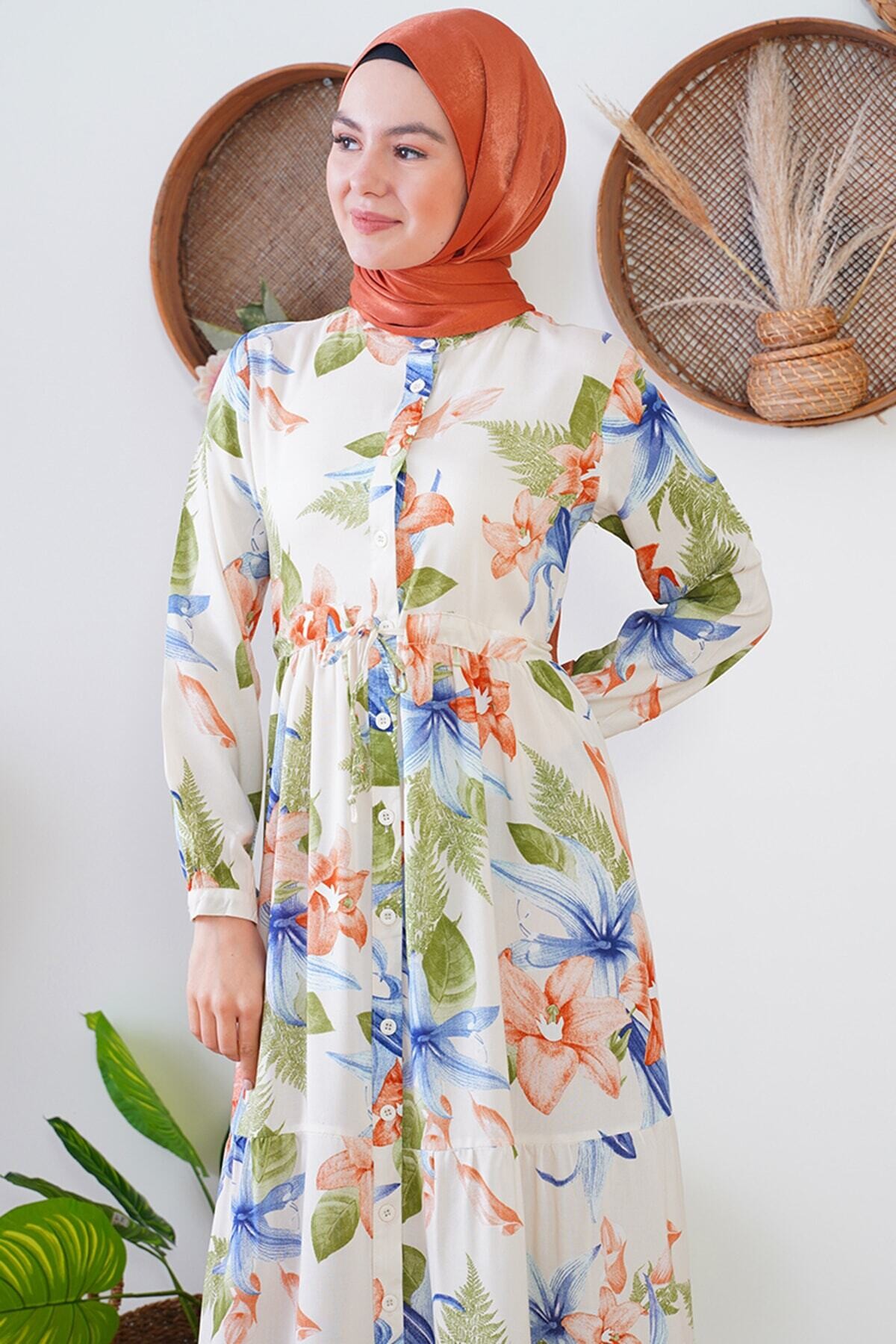 Desenli Hakim Yaka Elbise HZL22W-BD121441