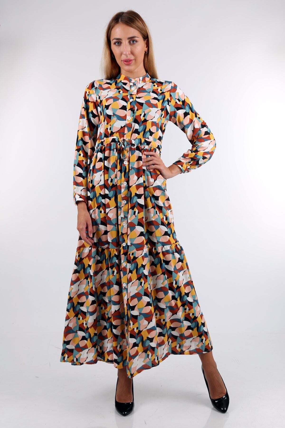 Desenli Hakim Yaka Elbise HZL22W-BD121441