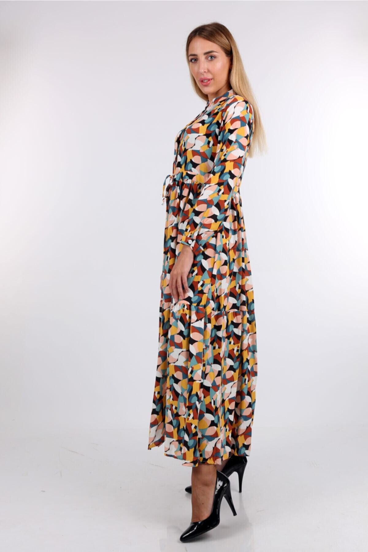 Desenli Hakim Yaka Elbise HZL22W-BD121441
