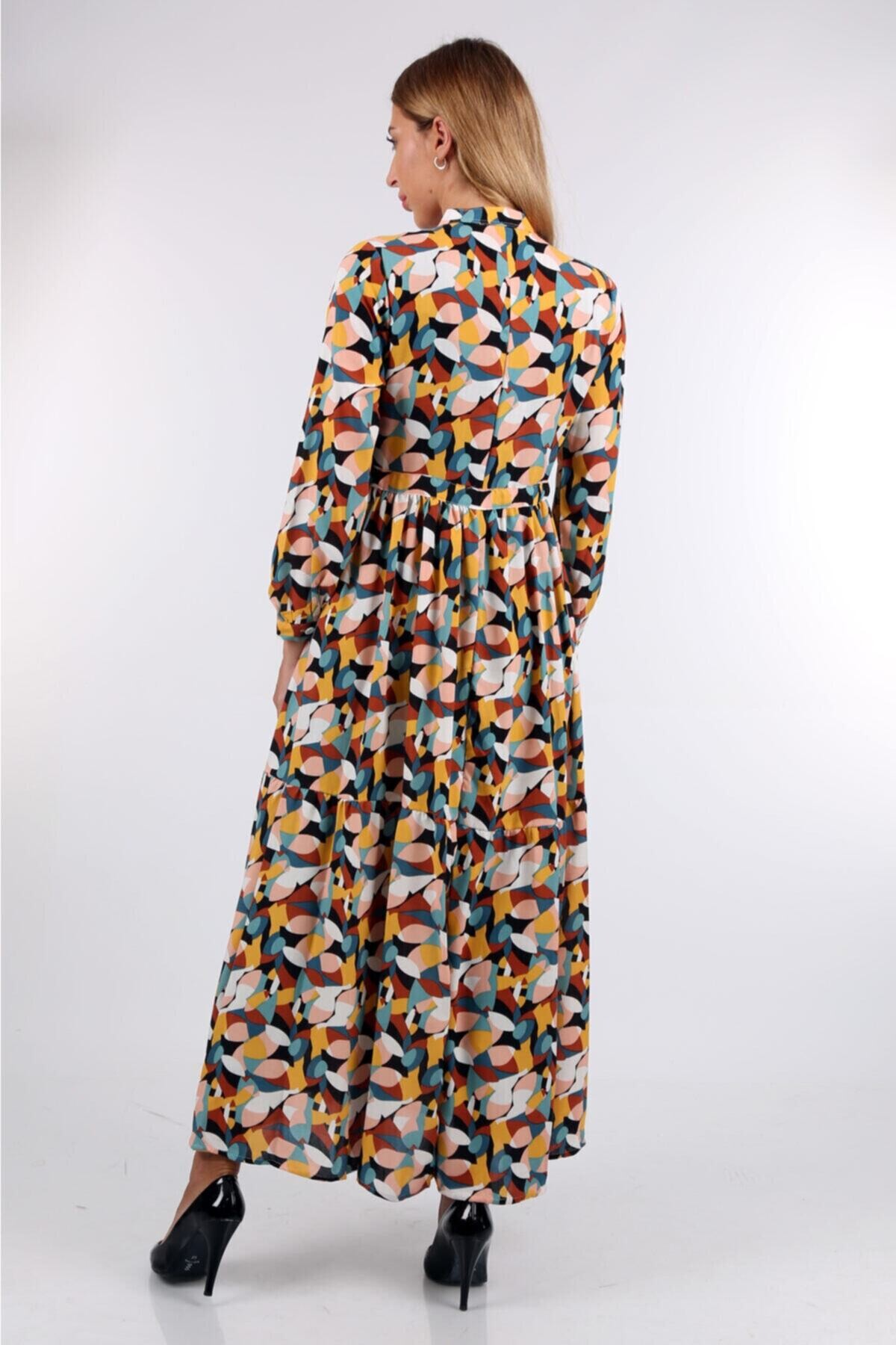 Desenli Hakim Yaka Elbise HZL22W-BD121441