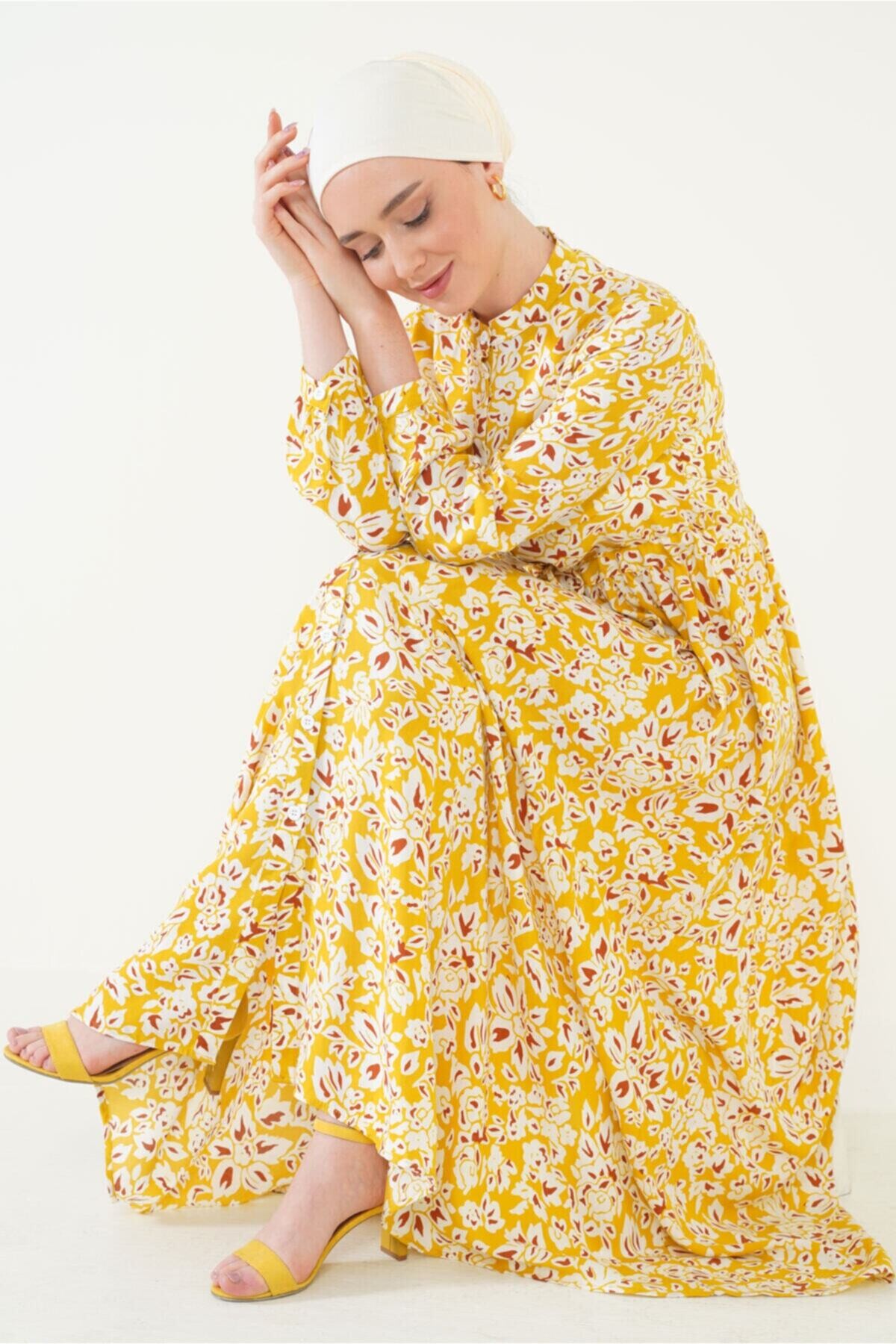 Desenli Hakim Yaka Elbise HZL22W-BD121441