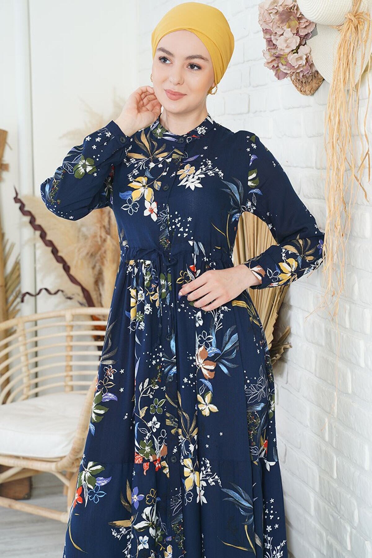 Desenli Hakim Yaka Elbise HZL22W-BD121441