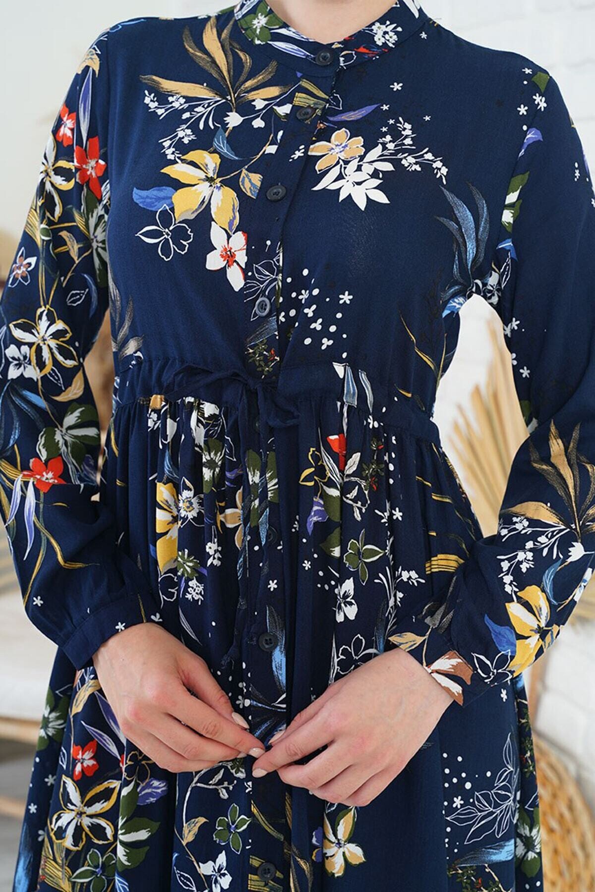 Desenli Hakim Yaka Elbise HZL22W-BD121441