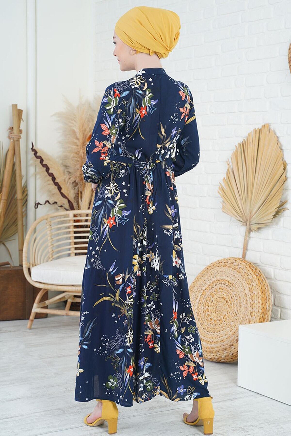 Desenli Hakim Yaka Elbise HZL22W-BD121441