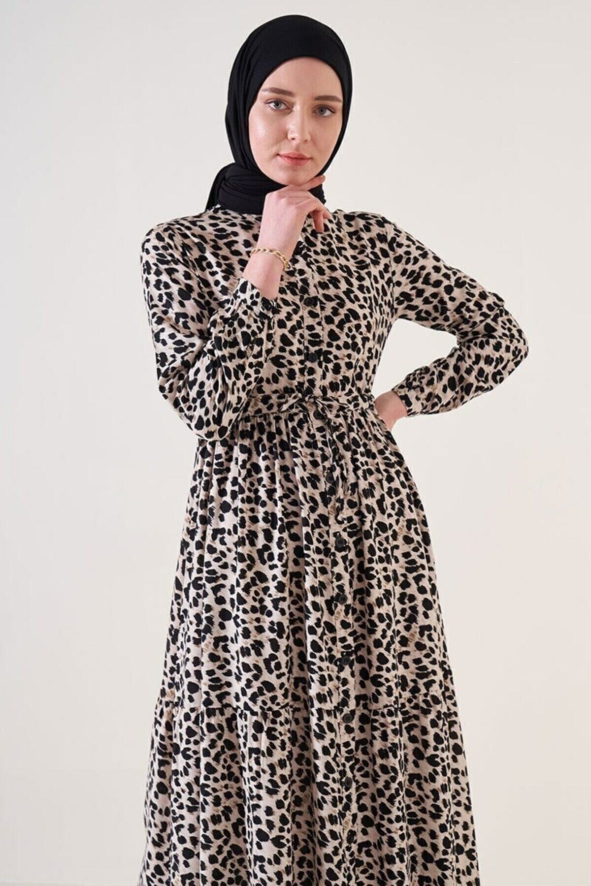 Desenli Hakim Yaka Elbise HZL22W-BD121441