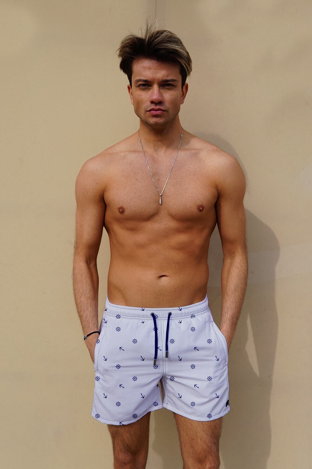 Dijital Baskılı Erkek Deniz Şort Mb13-101 Beyaz