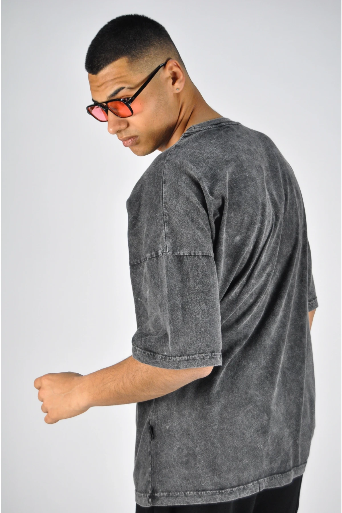 Erkek Antrasit Bisiklet Yaka Kartal Baskılı  Oversize Örme T-shirt HZL23S-MXC130131