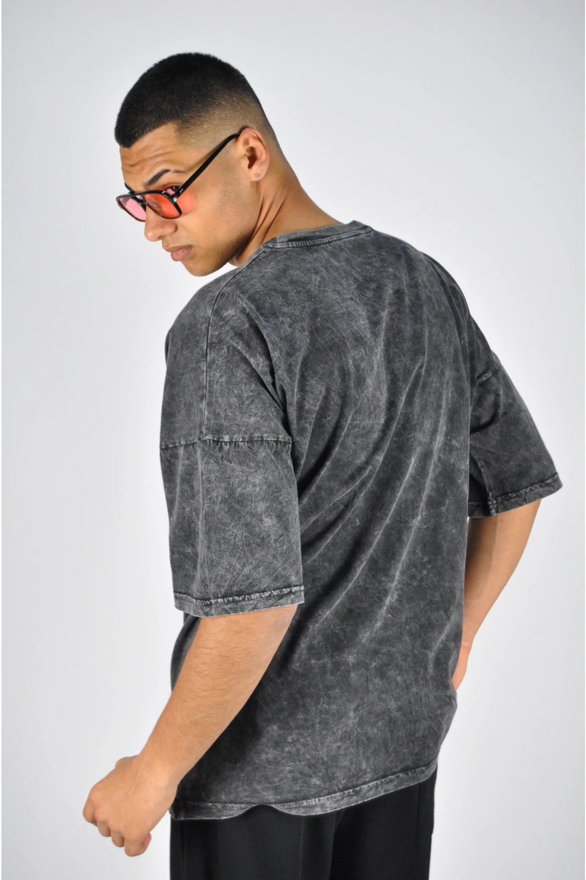 Erkek Antrasit Bisiklet Yaka Kartal Baskılı  Oversize Örme T-shirt HZL23S-MXC130131