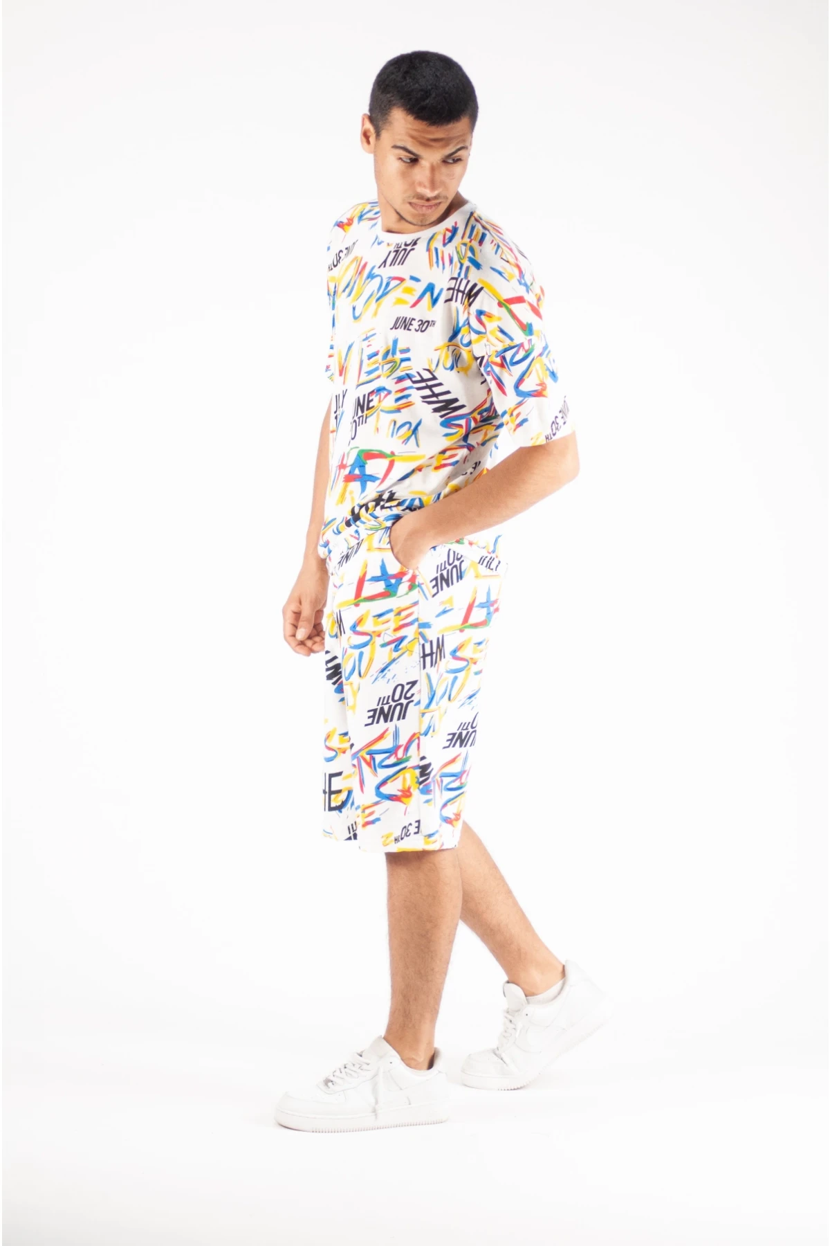 Erkek Beyaz Çok Renkli Desenli Alt Üst İkili Takım HZL23S-MXC132031