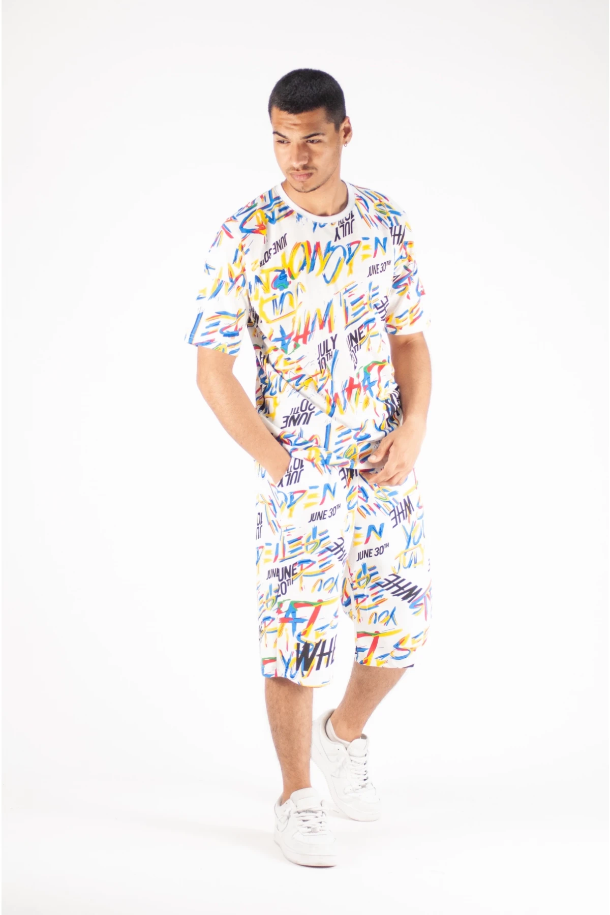 Erkek Beyaz Çok Renkli Desenli Alt Üst İkili Takım HZL23S-MXC132031