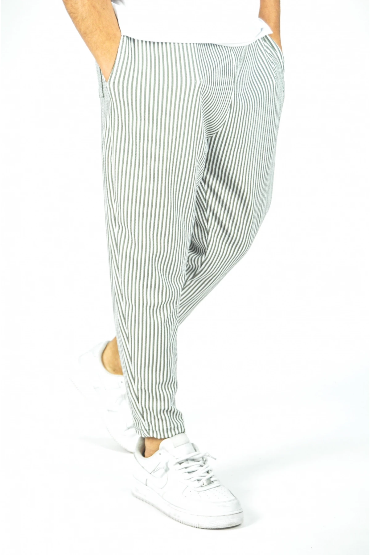 Erkek Beyaz Haki Çizgili  Bol Kesim Eşofman Altı HZL23S-MXC17142-11