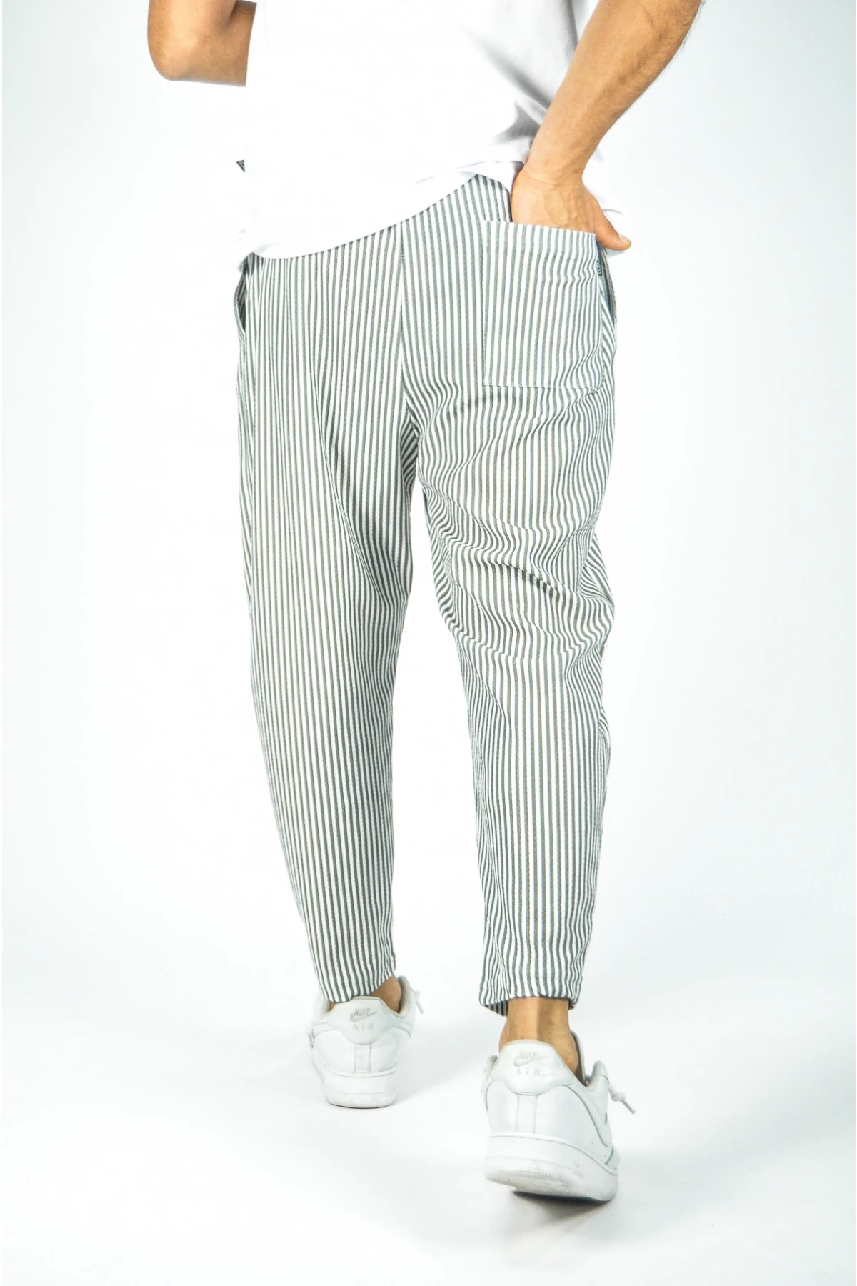 Erkek Beyaz Haki Çizgili  Bol Kesim Eşofman Altı HZL23S-MXC17142-11