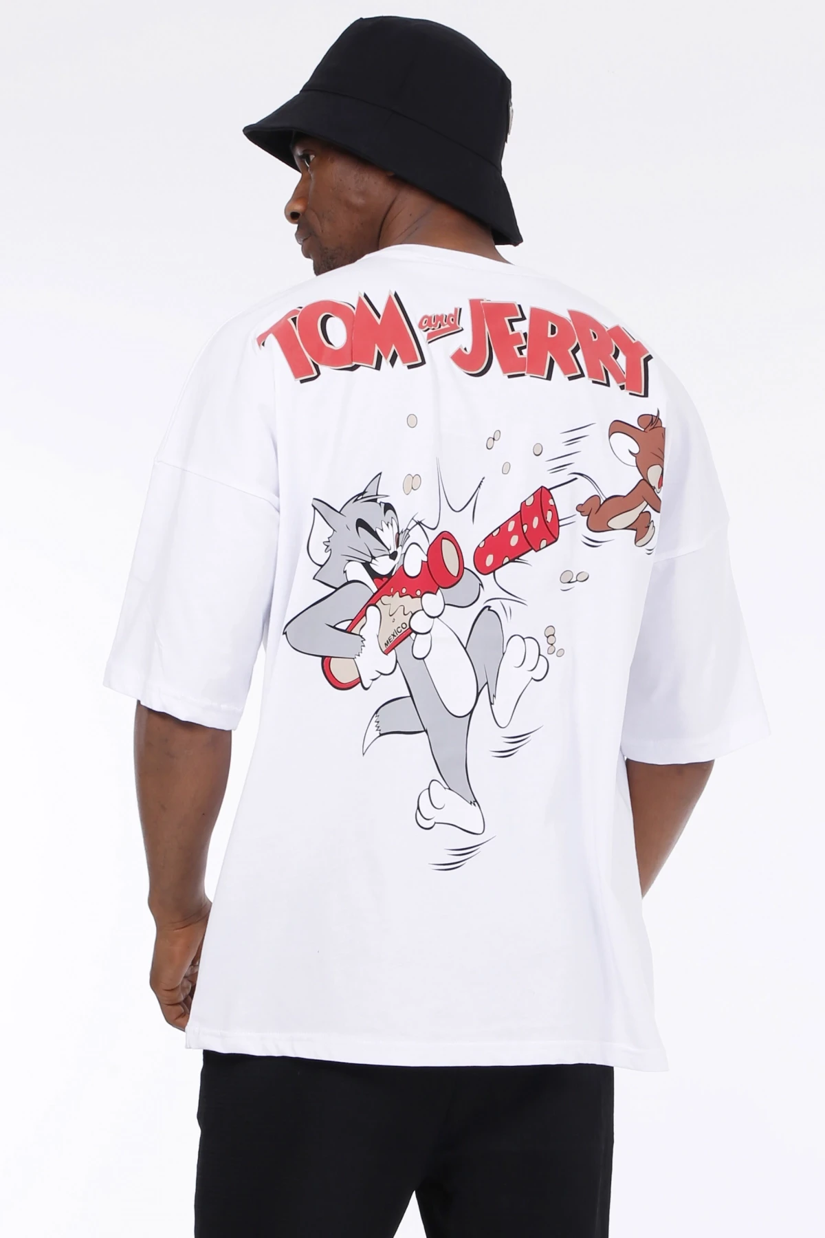 Erkek Beyaz Tom and Jerry Baskılı Oversize Örme T-shirt HZL23S-MXC130011