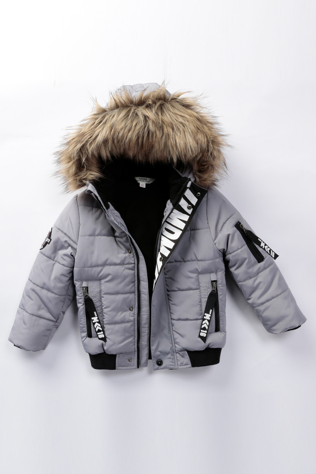 Erkek Çocuk Kaban 2-13 Yaş Kışlık Şişme Astarlı Yakası Kürk Kapüşonlu Gri Mont HZL22W-M21358
