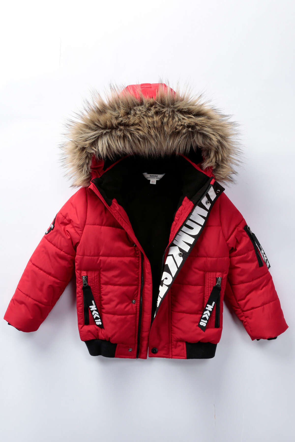 Erkek Çocuk Kaban 2-13 Yaş Kışlık Şişme Astarlı Yakası Kürk Kapüşonlu Kırmızı Mont HZL22W-M21358