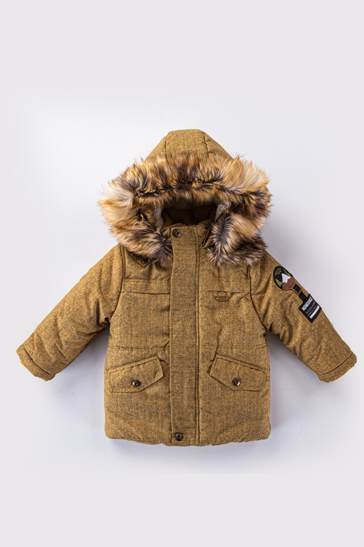 Erkek Çocuk Kaban 2-9 Yaş Kışlık Şişme Astarlı Yakası Kürk Kapüşonlu Hardal Mont HZL22W-M21365