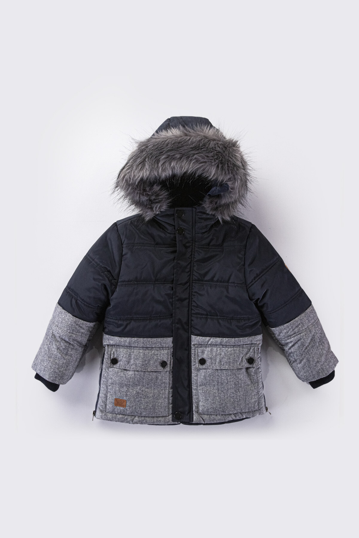 Erkek Çocuk Kaban 6-13 Yaş Kışlık Şişme Astarlı Yakası Kürk Kapüşonlu Lacivert Mont HZL22W-M21356