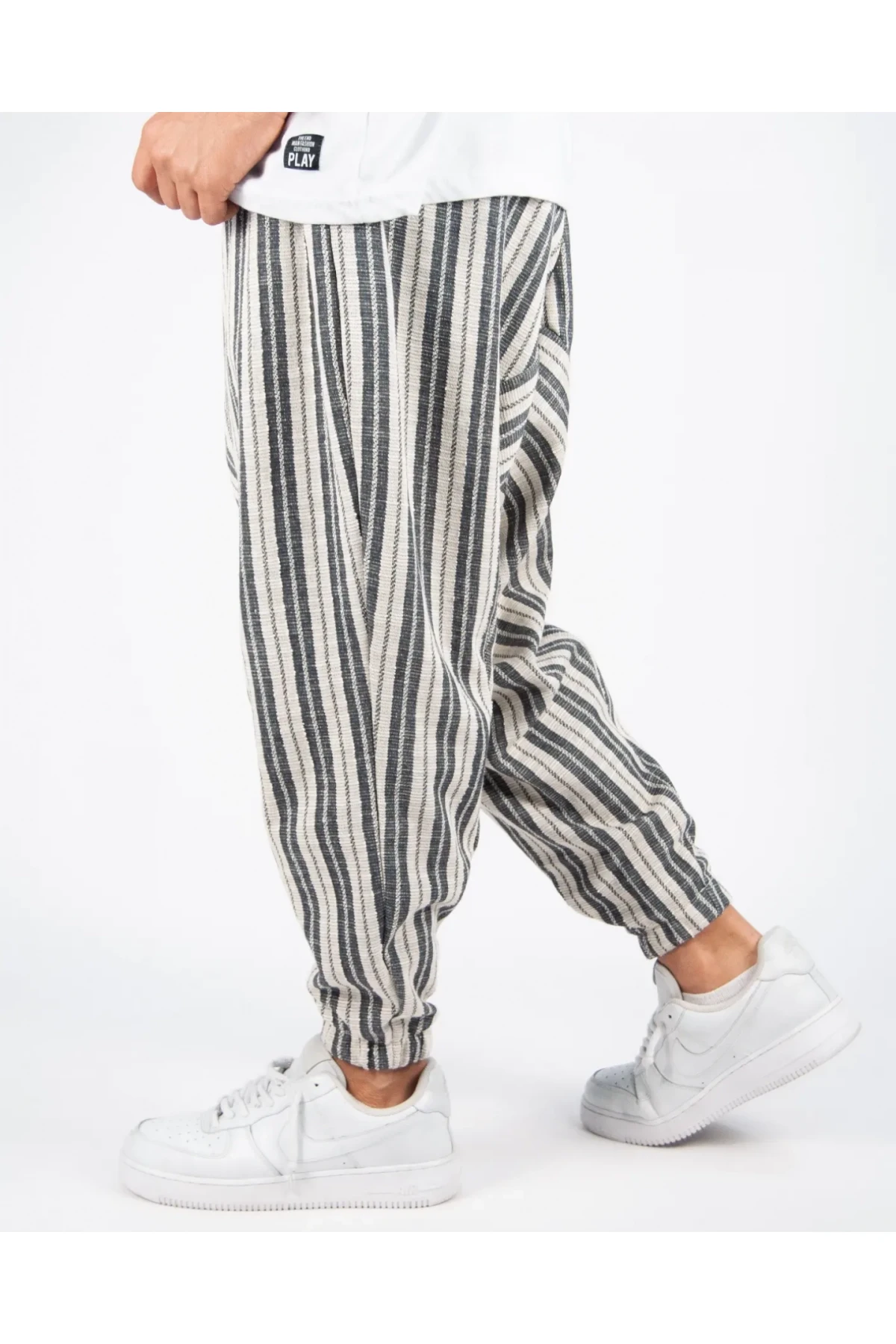 Erkek Ekru Çizgi Desenli Bol Kesim Şalvar Tip Eşofman Altı HZL23S-MXC17042-11
