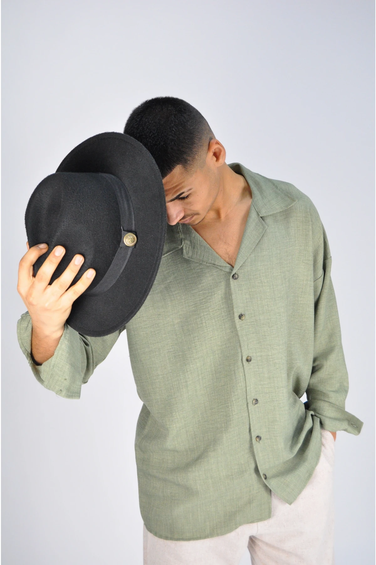 Erkek Haki Ceket Yaka Oversize  Düğmeli Basic Gömlek HZL23S-MXC132001