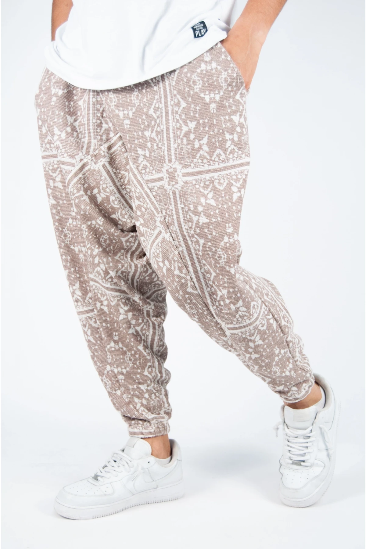 Erkek Kahverengi Etnik Desenli Bol Kesim Şalvar Tip Eşofman Altı HZL23S-MXC17042-11