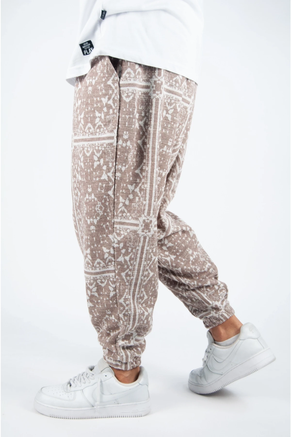 Erkek Kahverengi Etnik Desenli Bol Kesim Şalvar Tip Eşofman Altı HZL23S-MXC17042-11