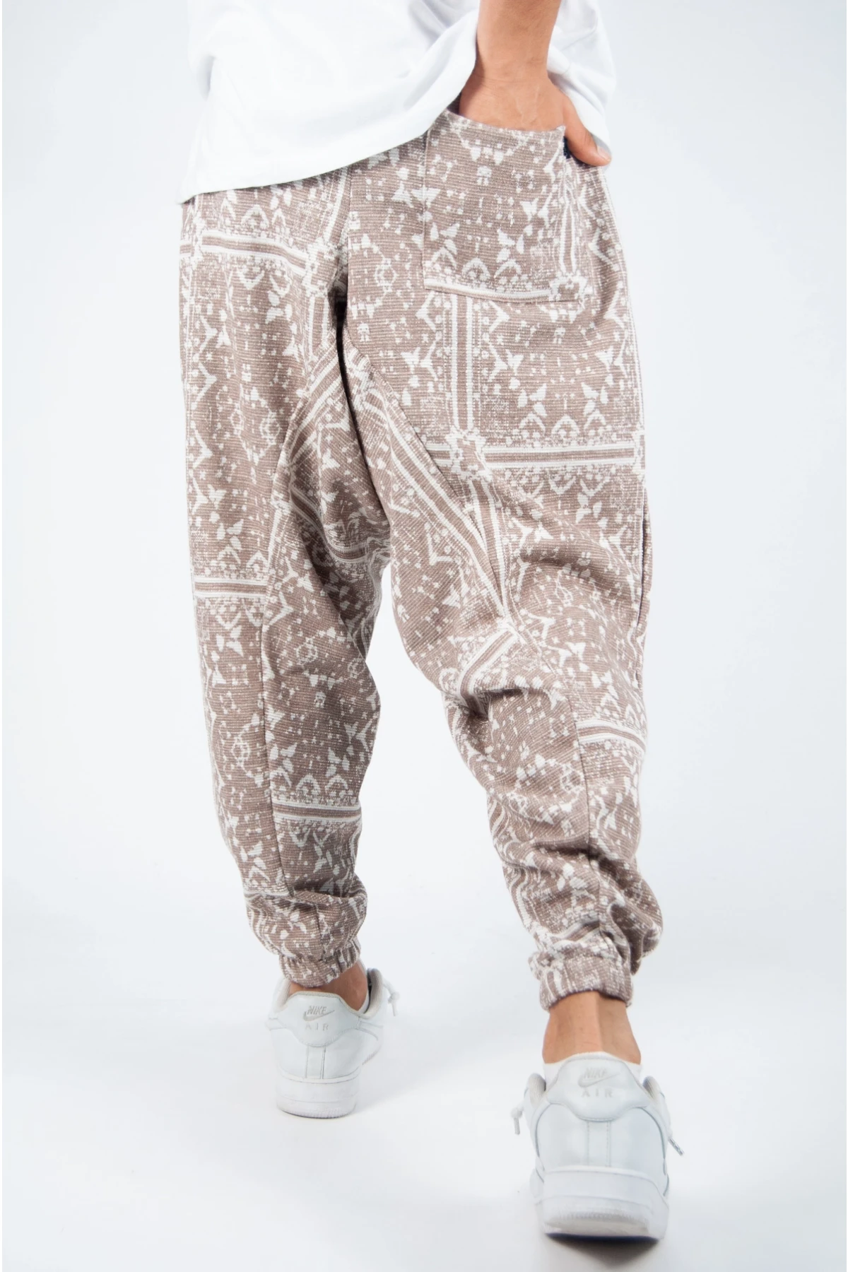 Erkek Kahverengi Etnik Desenli Bol Kesim Şalvar Tip Eşofman Altı HZL23S-MXC17042-11