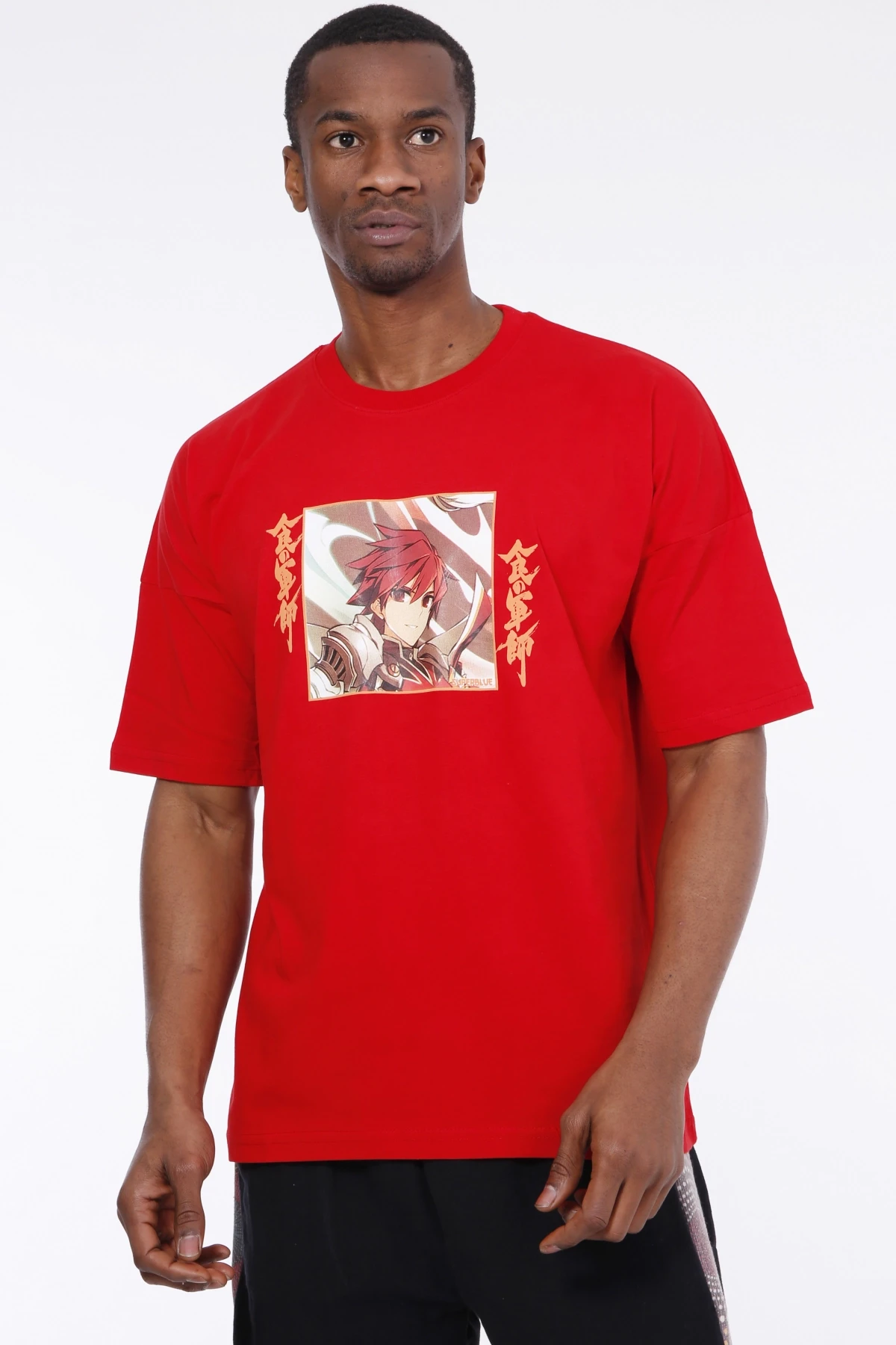 Erkek Kırmızı Çizgi Karakteri Baskılı Oversize Örme T-shirt HZL23S-MXC130101