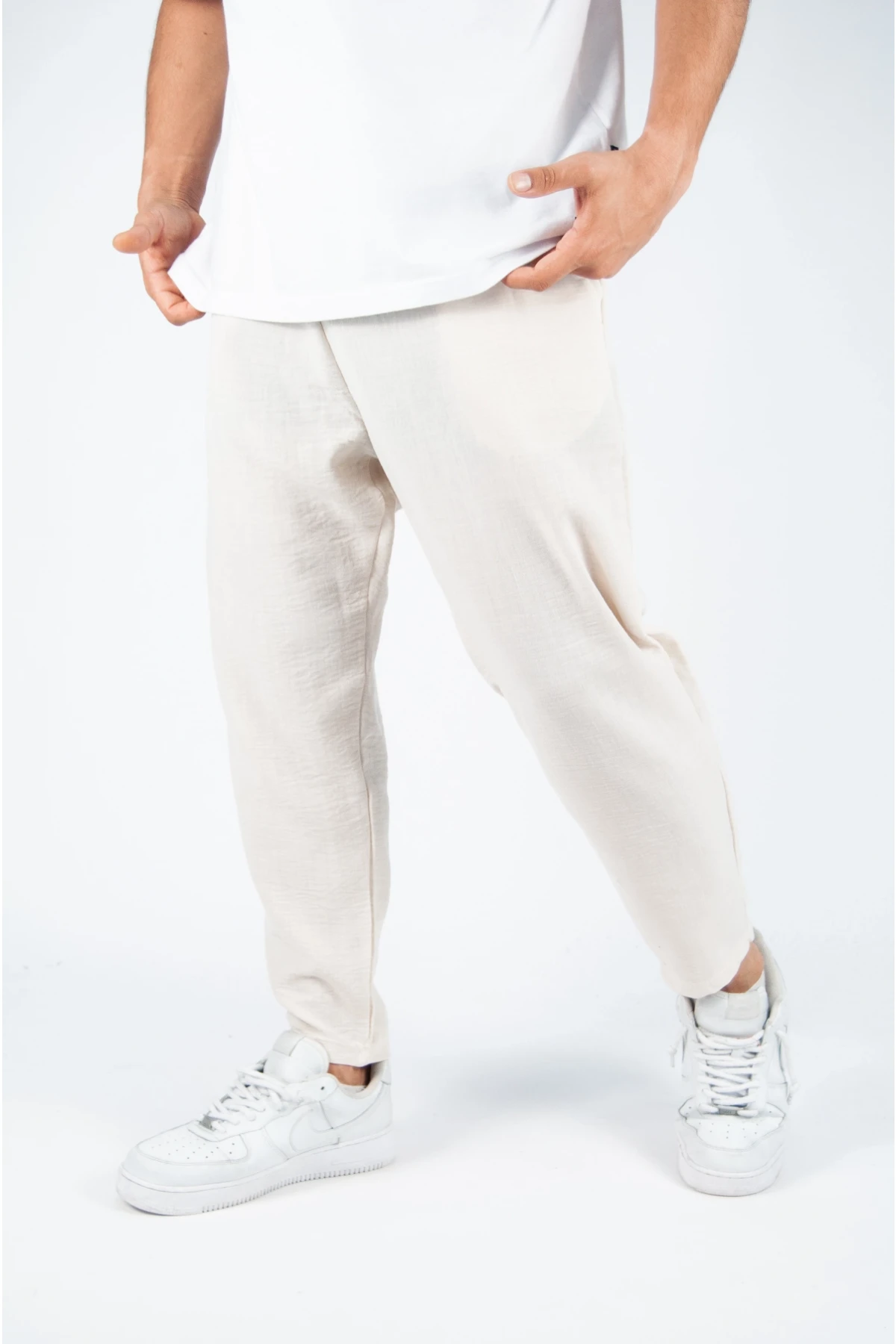 Erkek Krem Beli Lastikli  Aerobin Keten Yazlık İnce Salaş Eşofman Altı HZL23S-MXC17142-11