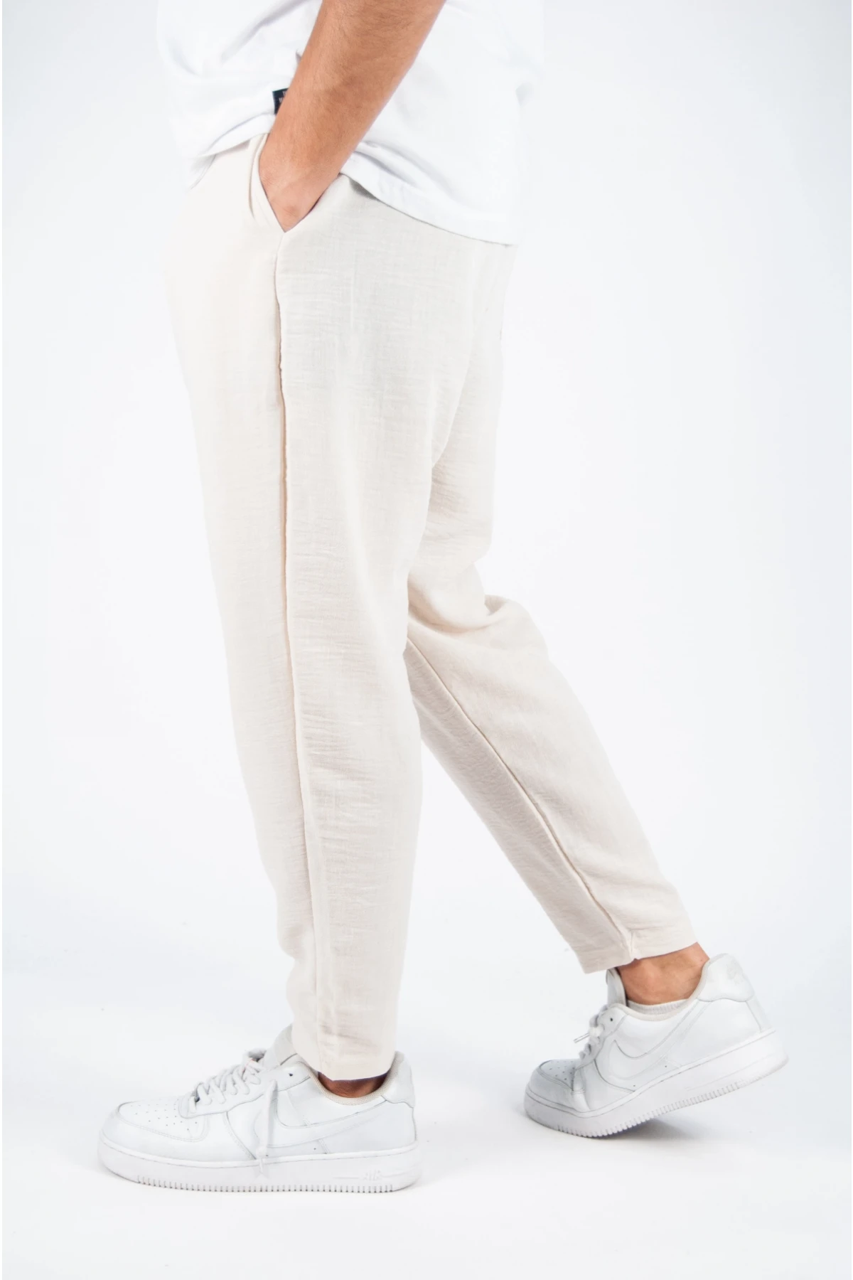 Erkek Krem Beli Lastikli  Aerobin Keten Yazlık İnce Salaş Eşofman Altı HZL23S-MXC17142-11