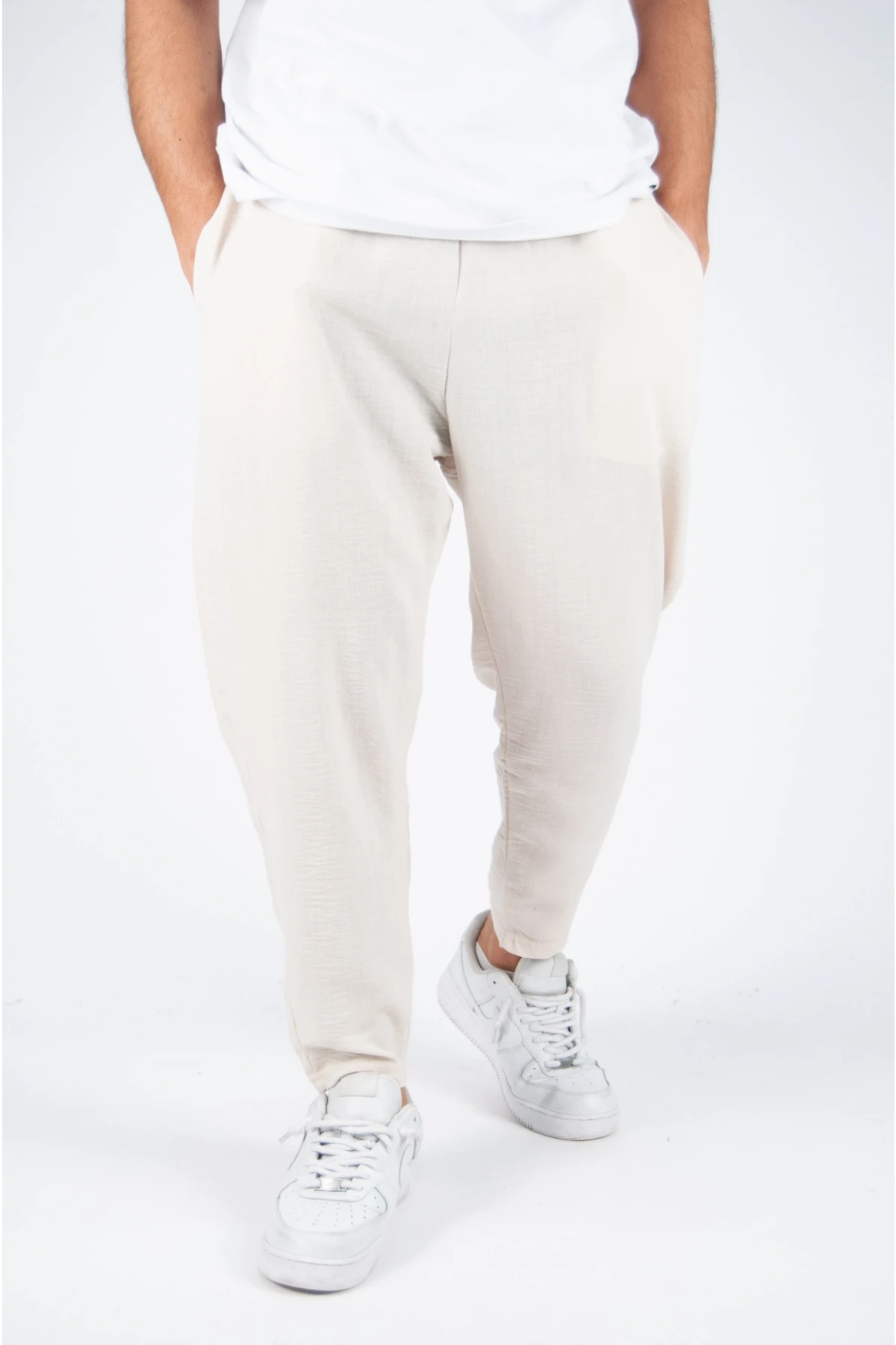 Erkek Krem Beli Lastikli  Aerobin Keten Yazlık İnce Salaş Eşofman Altı HZL23S-MXC17142-11