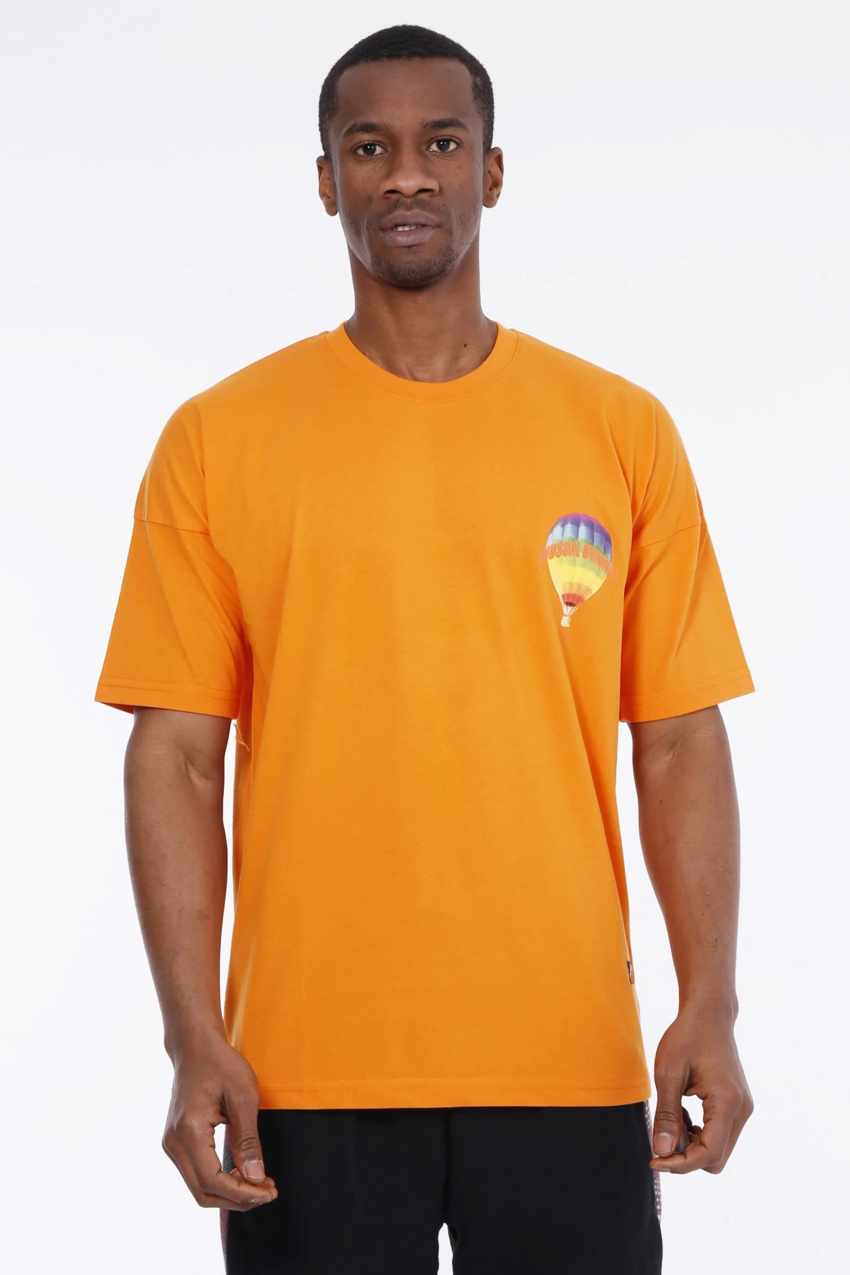 Erkek Oranj Balon Baskılı Oversize Örme T-shirt HZL23S-MXC130061