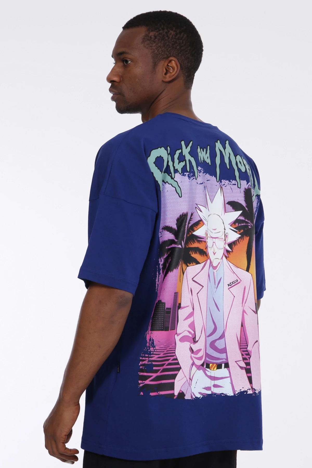Erkek Saks Mavi Rick and Morty Yazı Baskılı Oversize Örme T-shirt HZL23S-MXC130071