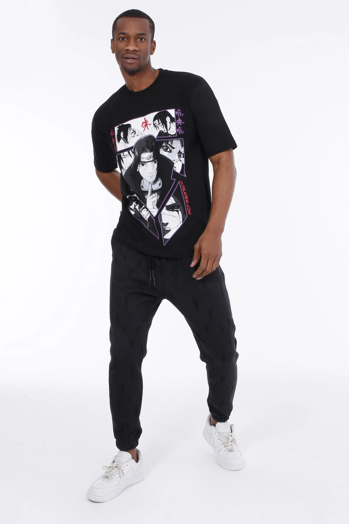 Erkek Siyah Bisiklet Yaka Ön ve Arka Çizgi Karakter Baskılı Örme T-shirt HZL23S-MXC130121