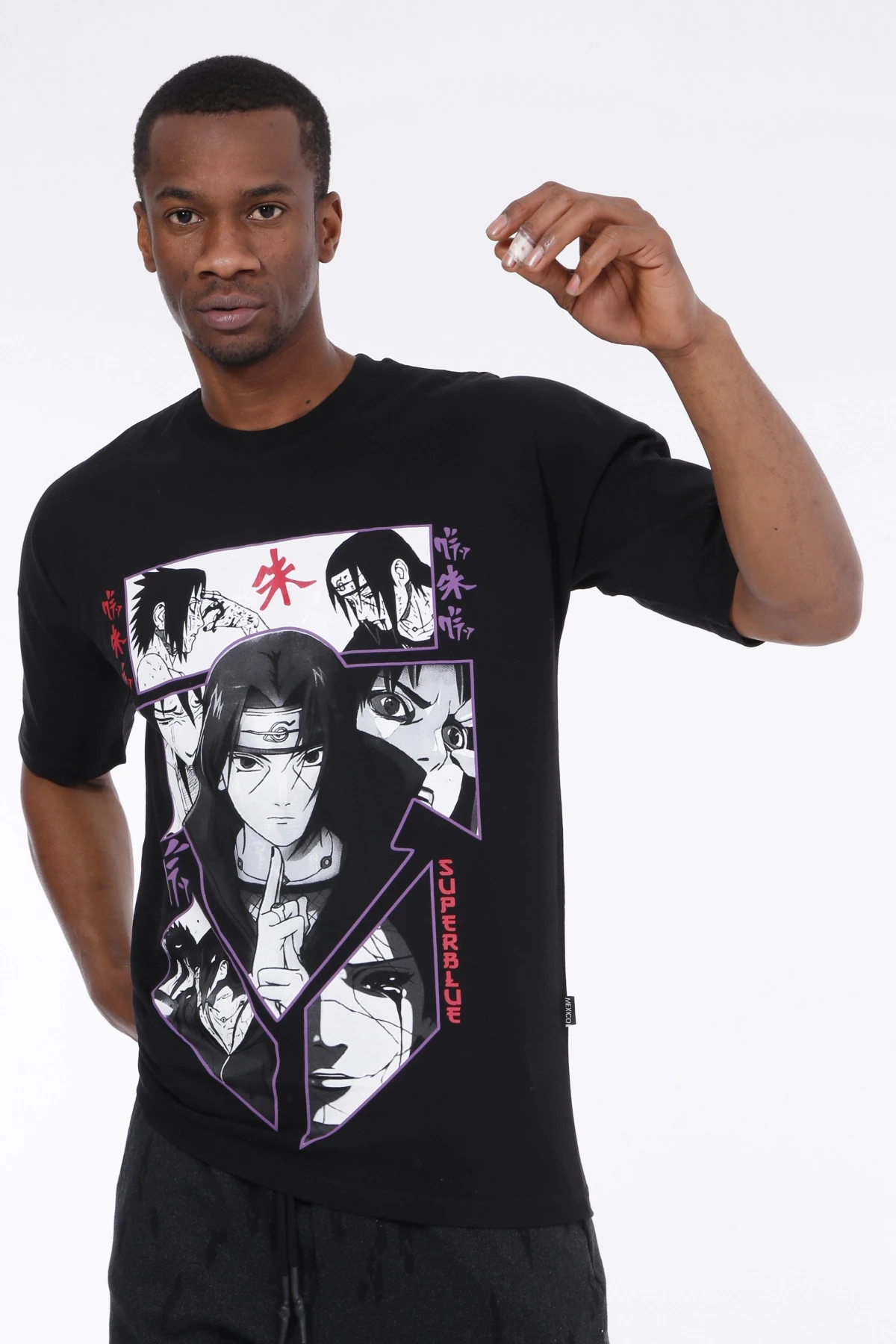 Erkek Siyah Bisiklet Yaka Ön ve Arka Çizgi Karakter Baskılı Örme T-shirt HZL23S-MXC130121