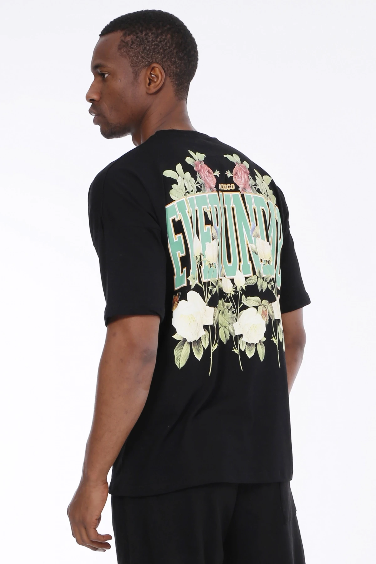 Erkek Siyah EVERUNDAB Yazı  Baskılı Oversize Örme T-shirt HZL23S-MXC130111
