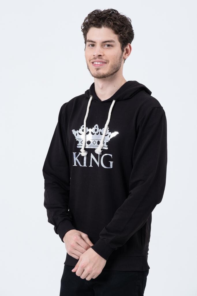 Erkek Siyah King Tacı Baskılı Kapüşonlu Oversize Sweatshirt  HZL23W-SR120031