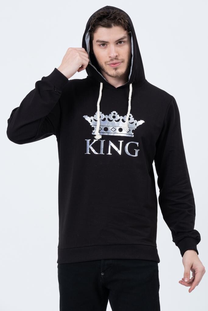 Erkek Siyah King Tacı Baskılı Kapüşonlu Oversize Sweatshirt  HZL23W-SR120031